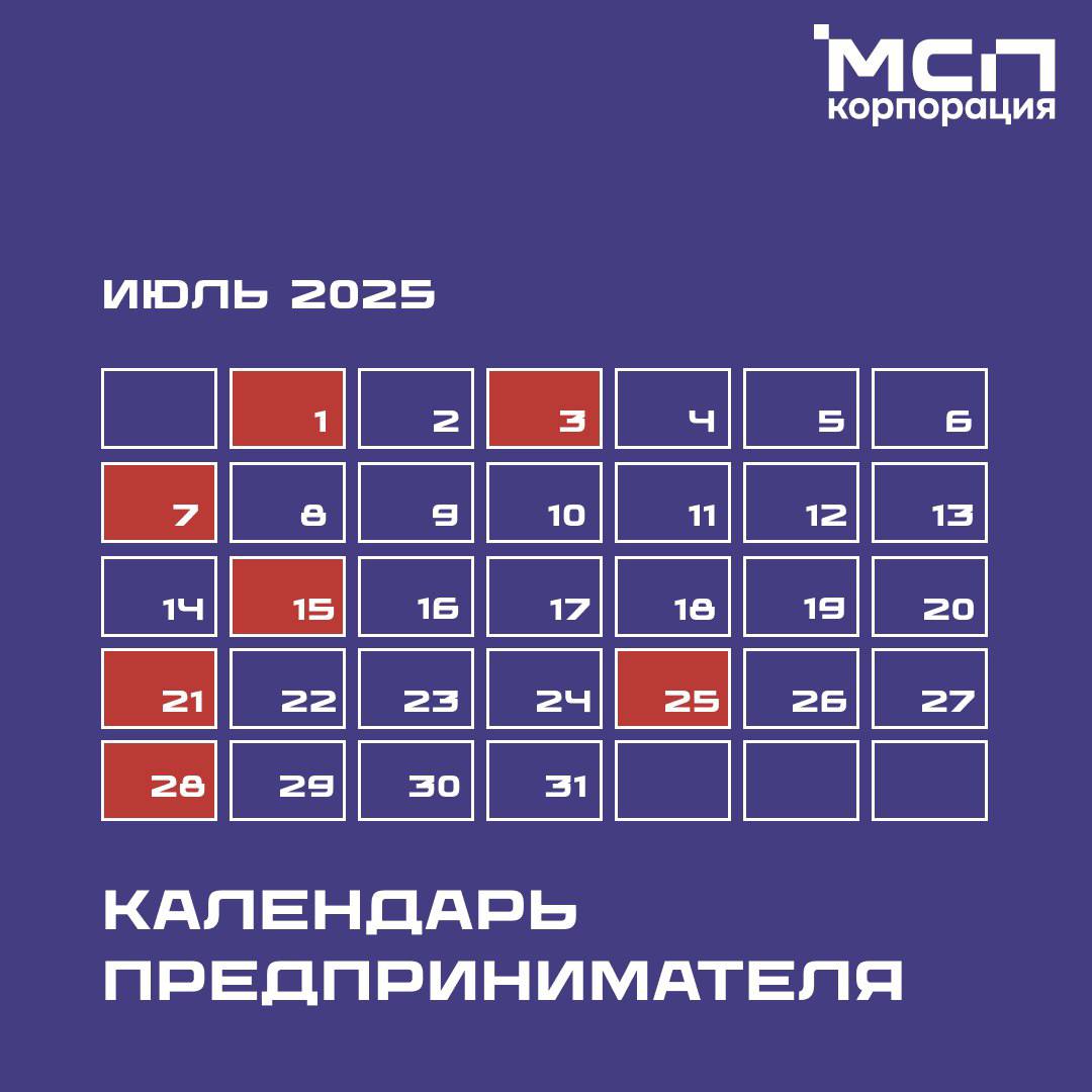 Календарь предпринимателя на июль 2025 года.