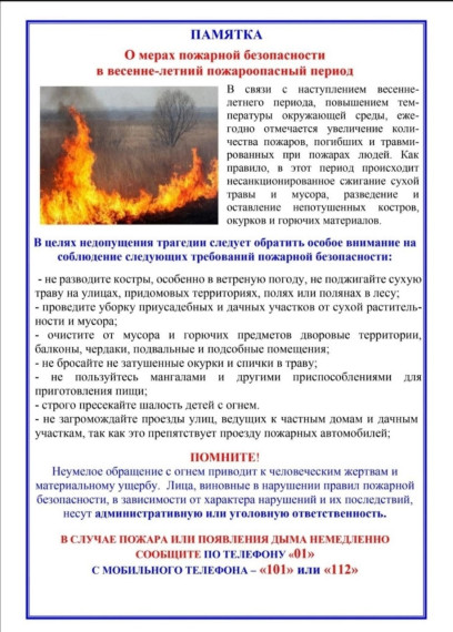 Памятка о мерах пожарной безопасности в весенне - летний пожароопасный период.. Памятка о мерах пожарной безопасности в весенне - летний пожароопасный период..