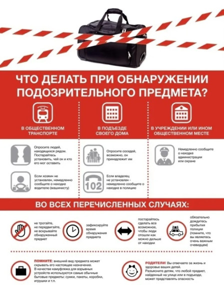 Памятка действий при обнаружении подозрительного предмета. Памятка действий при обнаружении подозрительного предмета.